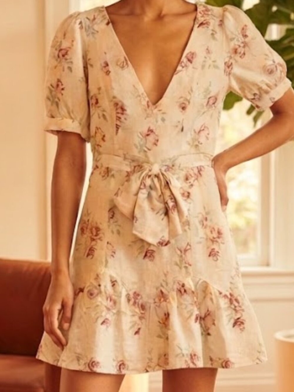 LoveShackFancy Cream Mini Dress with Rose Print Size M